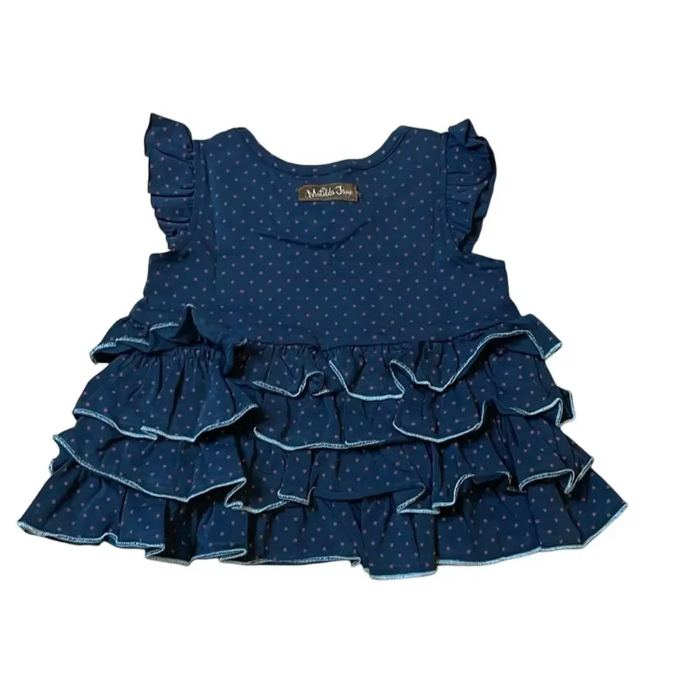 Matilda Jane Baby Girl Lizzy Flutter sleeve Top Ruffles Polka Dots Navy 12 mo